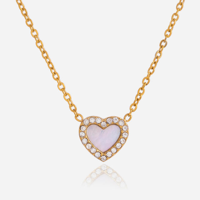 Elegant Vacation Style White Rhinestone Shell Heart Pendant stainless steel necklace