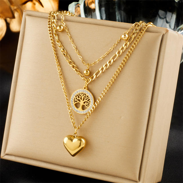 Fashion Gold-Plated three layer Stacked Multi-Element Pendant necklace stainless steel necklace