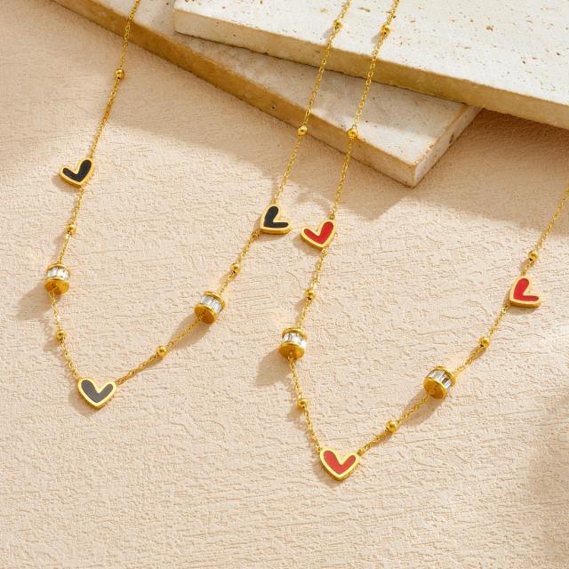 Enamel black red heart diamond stainless steel necklace dainty necklace