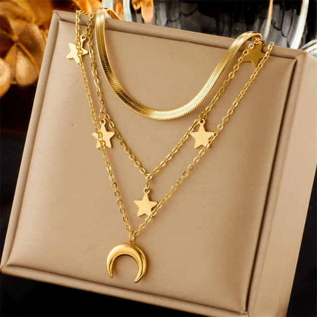 Fashion Gold-Plated three layer Stacked Multi-Element Pendant necklace stainless steel necklace