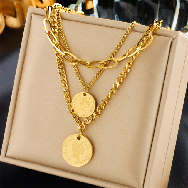 Fashion Gold-Plated three layer Stacked Multi-Element Pendant necklace stainless steel necklace