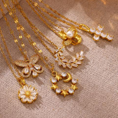 Dainty diamond flower heart cross pendant real gold plated necklace
