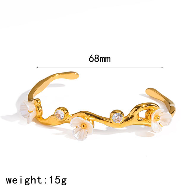 Vintage sweet white shell flower stainless steel bangle bracelet