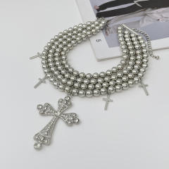 Cyberpunk Style Diamond Cross Necklace Exaggerated Ins Multi-Layer CCB Ball Bead Necklace