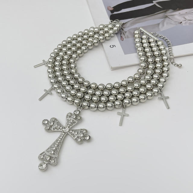 Cyberpunk Style Diamond Cross Necklace Exaggerated Ins Multi-Layer CCB Ball Bead Necklace