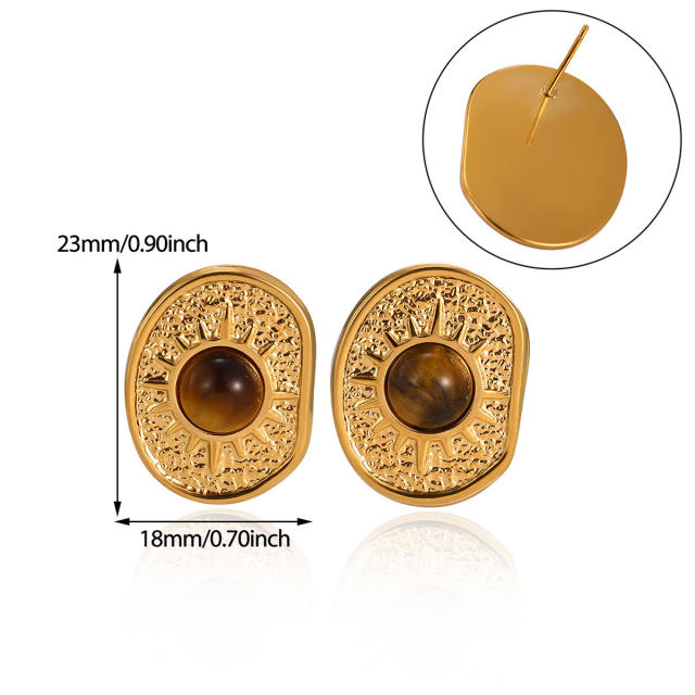 18KG tiger eye stone inlaid geometric stainless steel earrings