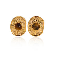 18KG tiger eye stone inlaid geometric stainless steel earrings