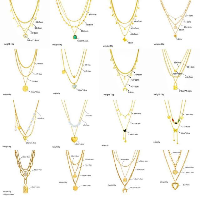 Fashion Gold-Plated three layer Stacked Multi-Element Pendant necklace stainless steel necklace