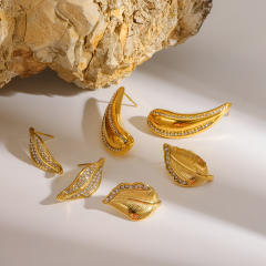 18KG rhinstone inlaid leaf design stainless steel earrings