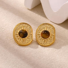 18KG tiger eye stone inlaid geometric stainless steel earrings