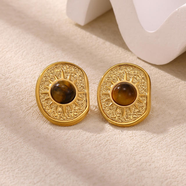 18KG tiger eye stone inlaid geometric stainless steel earrings