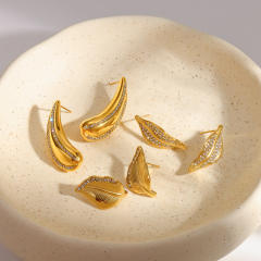 18KG rhinstone inlaid leaf design stainless steel earrings