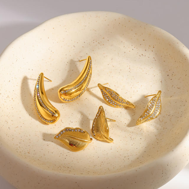 18KG rhinstone inlaid leaf design stainless steel earrings