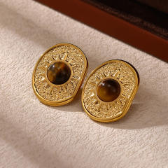 18KG tiger eye stone inlaid geometric stainless steel earrings