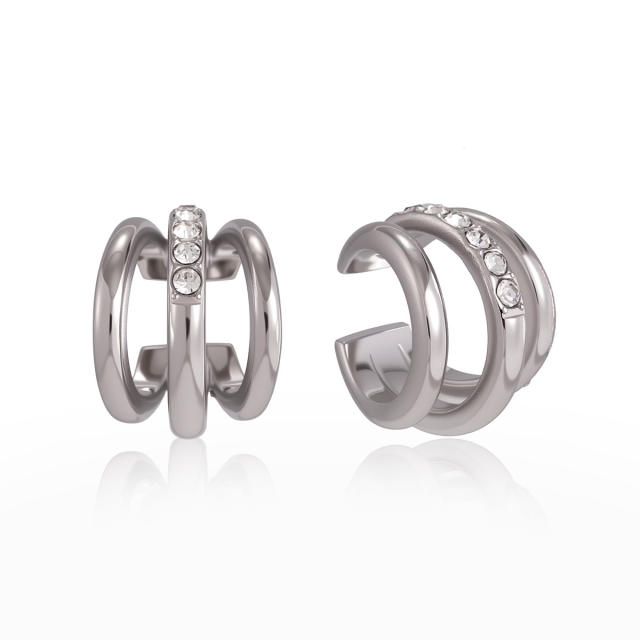 Simple diamond three line stainless steel ear cuff earrings
