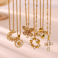 Dainty diamond flower heart cross pendant real gold plated necklace