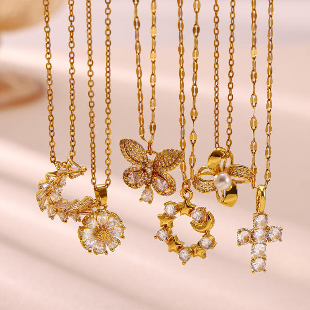 Dainty diamond flower heart cross pendant real gold plated necklace