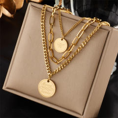 Fashion Gold-Plated three layer Stacked Multi-Element Pendant necklace stainless steel necklace