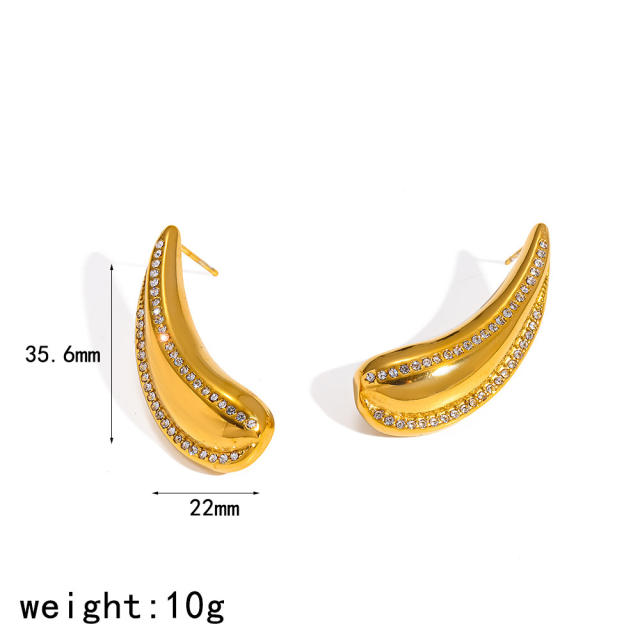 18KG rhinstone inlaid leaf design stainless steel earrings