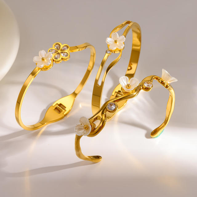 Vintage sweet white shell flower stainless steel bangle bracelet