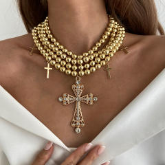 Cyberpunk Style Diamond Cross Necklace Exaggerated Ins Multi-Layer CCB Ball Bead Necklace