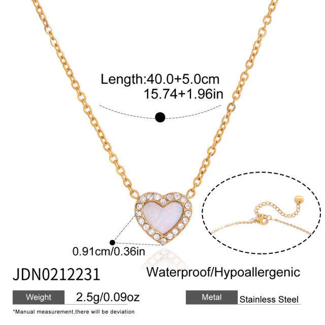 Elegant Vacation Style White Rhinestone Shell Heart Pendant stainless steel necklace