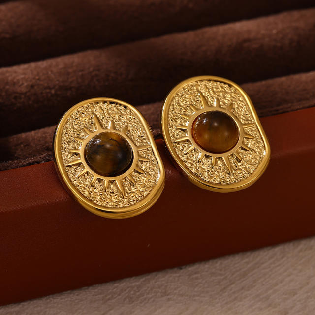 18KG tiger eye stone inlaid geometric stainless steel earrings