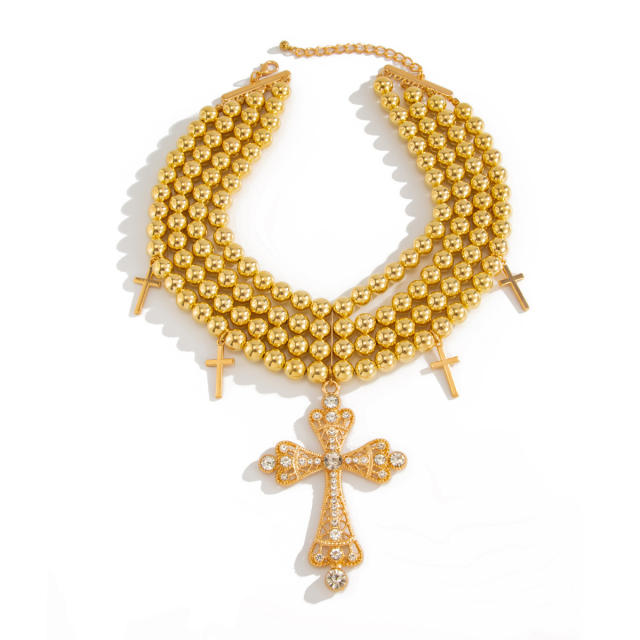Cyberpunk Style Diamond Cross Necklace Exaggerated Ins Multi-Layer CCB Ball Bead Necklace