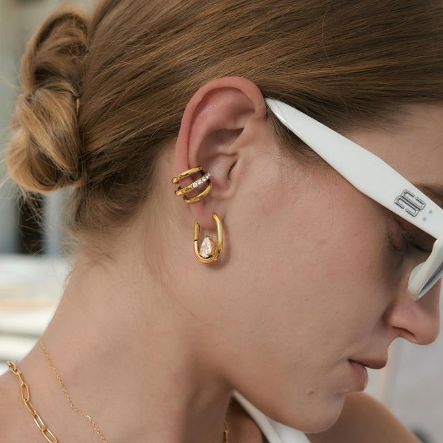 Simple diamond three line stainless steel ear cuff earrings