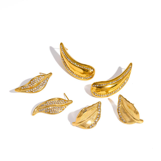 18KG rhinstone inlaid leaf design stainless steel earrings
