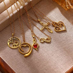 Elegant infinity cross ruby heart pendant gold plated copper necklace