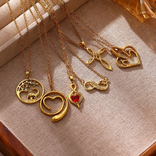 Elegant infinity cross ruby heart pendant gold plated copper necklace