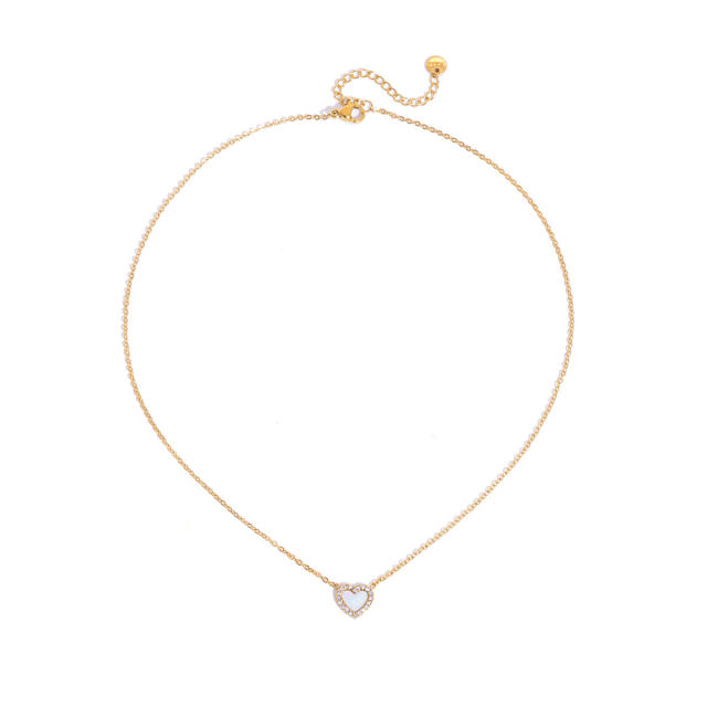 Elegant Vacation Style White Rhinestone Shell Heart Pendant stainless steel necklace