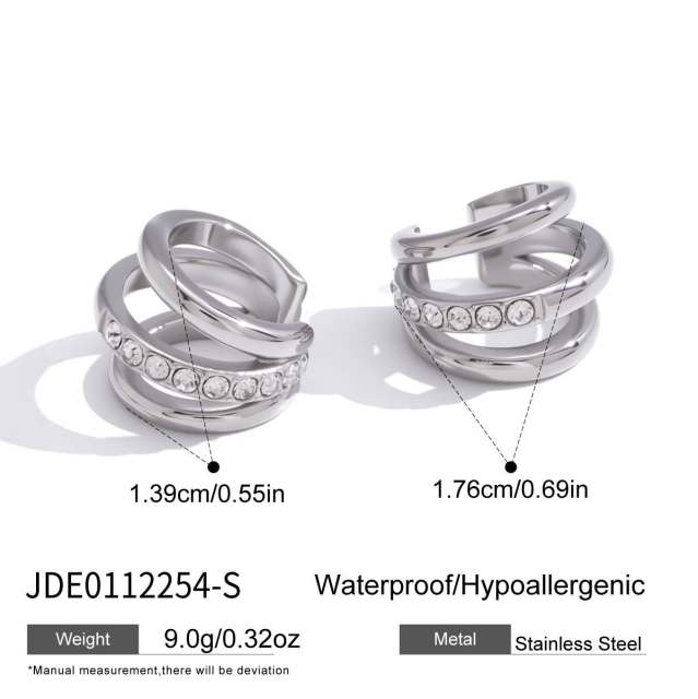 Simple diamond three line stainless steel ear cuff earrings