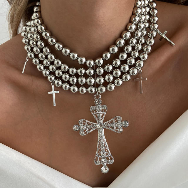 Cyberpunk Style Diamond Cross Necklace Exaggerated Ins Multi-Layer CCB Ball Bead Necklace