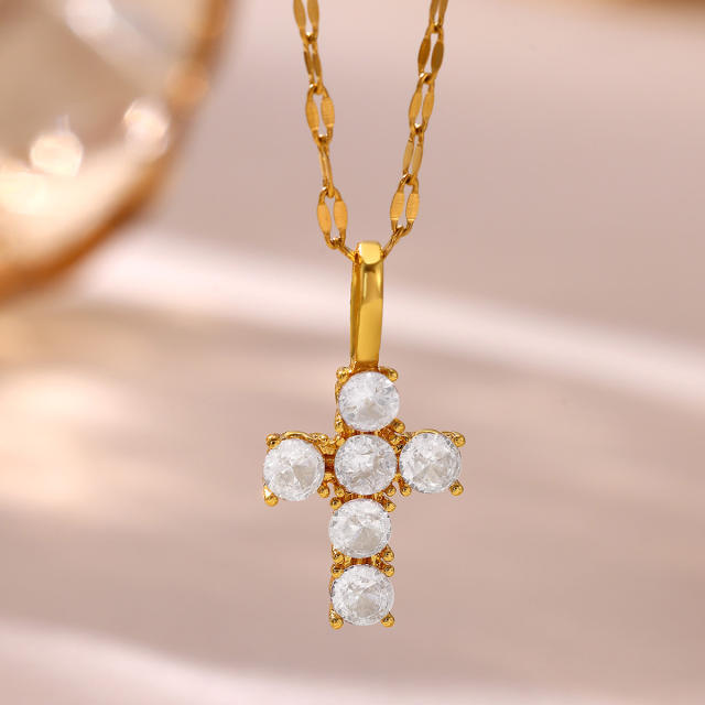 Dainty diamond flower heart cross pendant real gold plated necklace