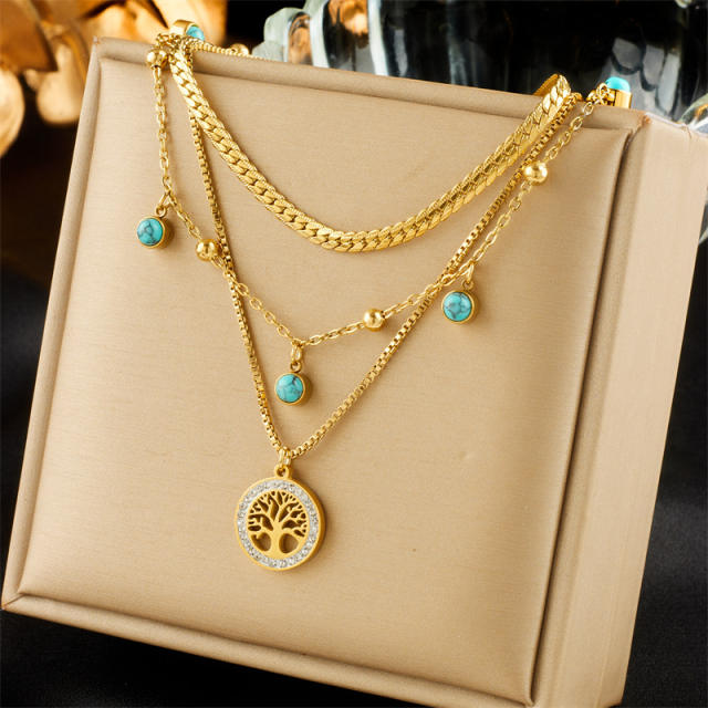 Fashion Gold-Plated three layer Stacked Multi-Element Pendant necklace stainless steel necklace