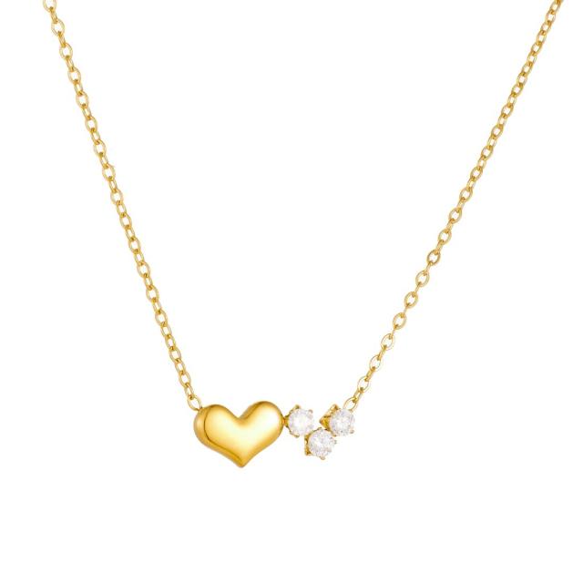 Dainty smooth heart diamond pendant stainless steel necklace