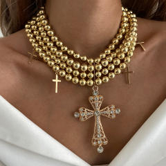 Cyberpunk Style Diamond Cross Necklace Exaggerated Ins Multi-Layer CCB Ball Bead Necklace