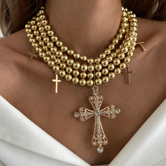 Cyberpunk Style Diamond Cross Necklace Exaggerated Ins Multi-Layer CCB Ball Bead Necklace