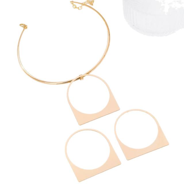 Exaggerated geometric square metal necklace earrings set