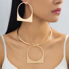 Exaggerated geometric square metal necklace earrings set