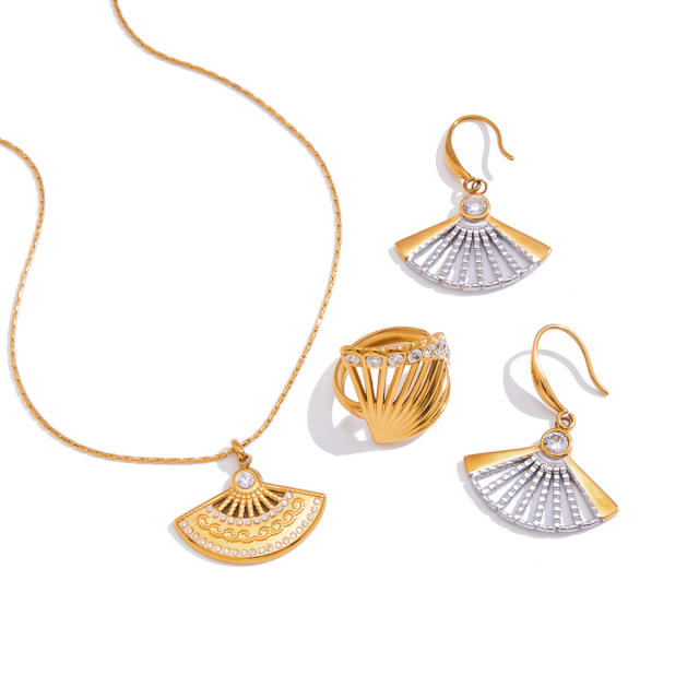 Chinese trend hollow out fan shape pendant stainless steel necklace earrings rings set