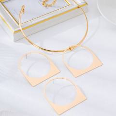 Exaggerated geometric square metal necklace earrings set