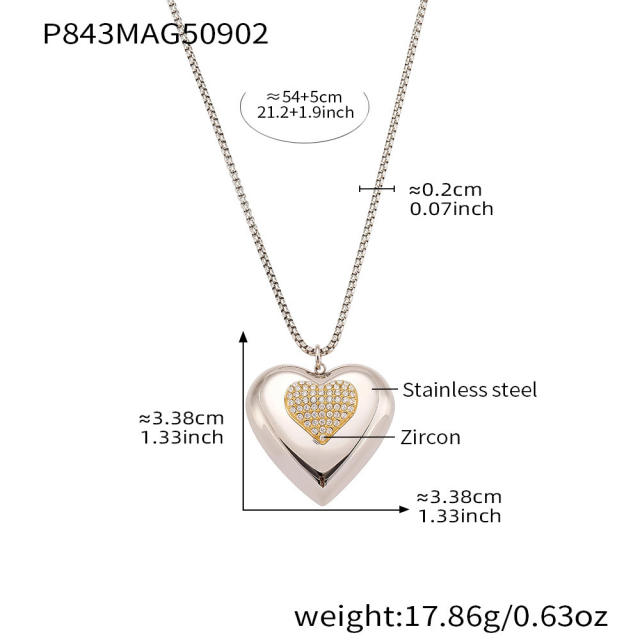 Super shiny diamond heart silver stainless steel necklace