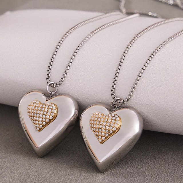 Super shiny diamond heart silver stainless steel necklace