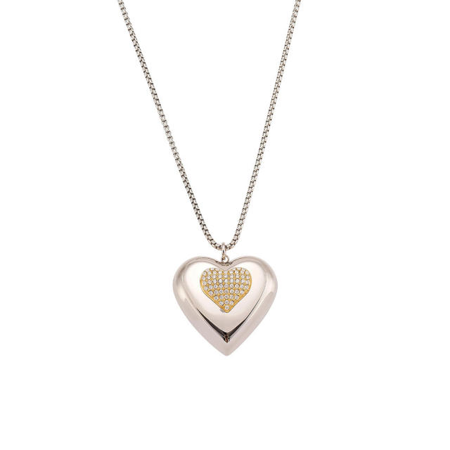 Super shiny diamond heart silver stainless steel necklace