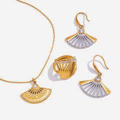 Chinese trend hollow out fan shape pendant stainless steel necklace earrings rings set