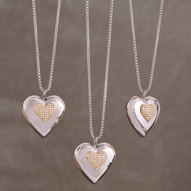 Super shiny diamond heart silver stainless steel necklace