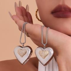 Super shiny diamond heart silver stainless steel necklace